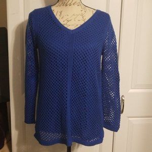Blue sweater with mesh sleeves